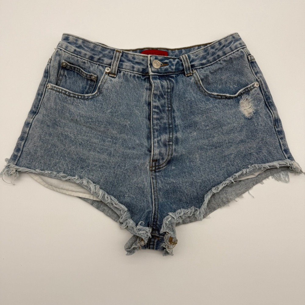 Signature 8 Denim Shorts WMN High Rise 28 Acid Wash Distressed Cutoff Button fly